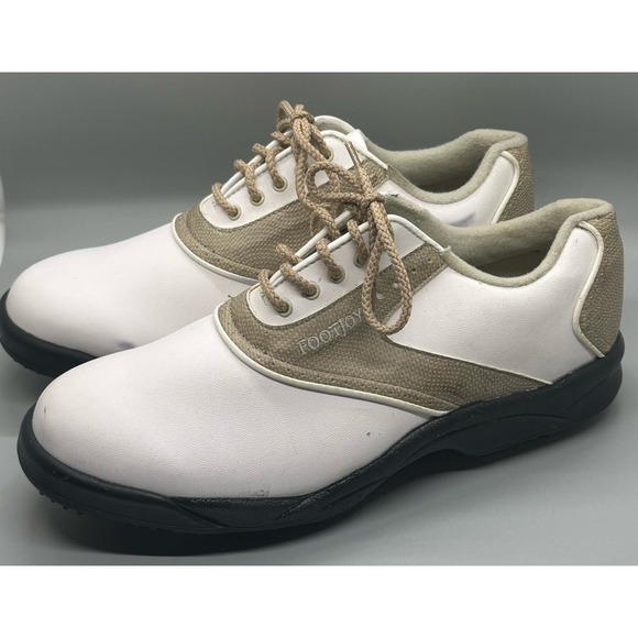 Footjoy Shoes - FootJoy Greenjoys Women’s Sz 8.5 M Golf Shoes Soft Spikes White Tan 48401